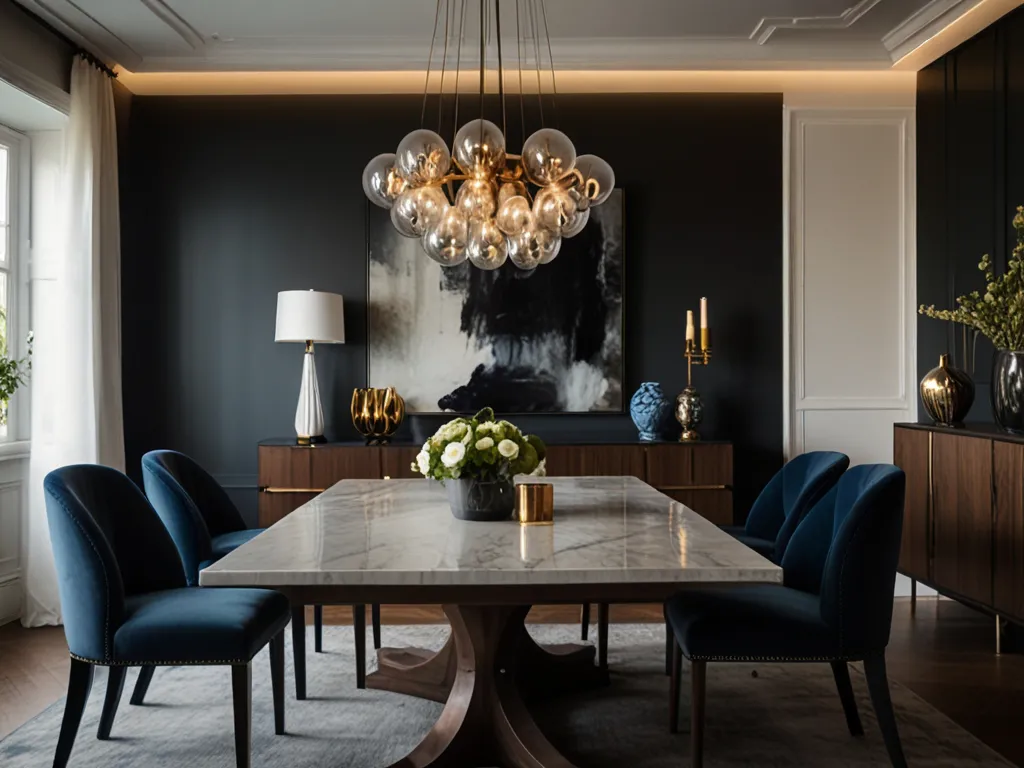 Elegant dining area with statement lighting and modern furniture