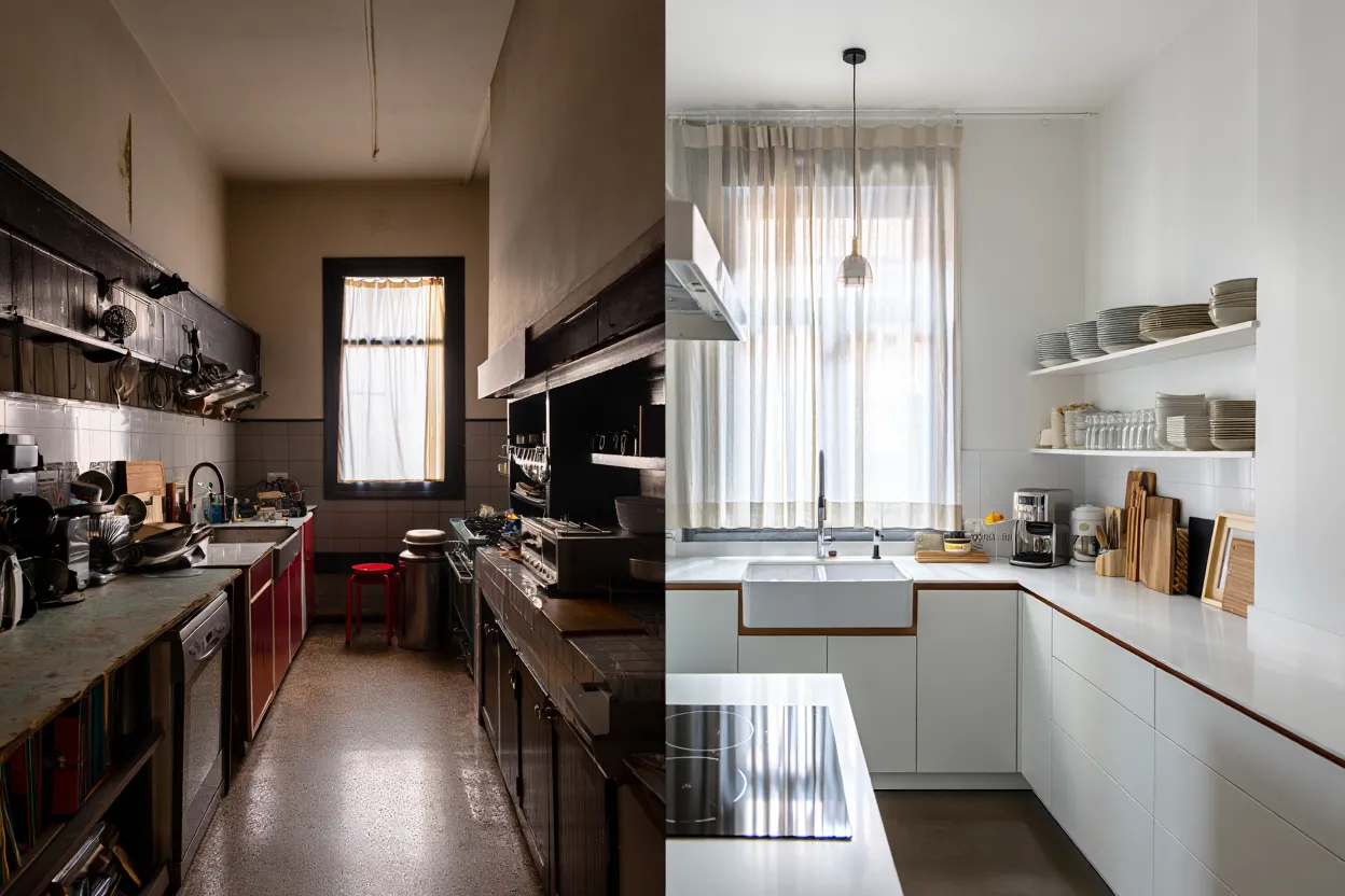 Kitchen area redesigned with improved workflow and modern styling